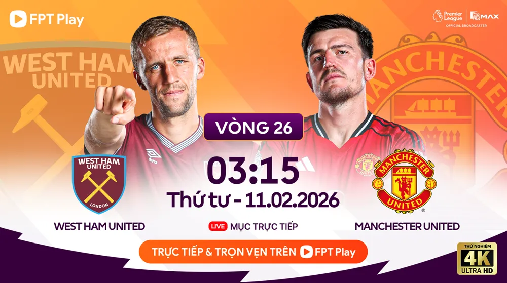 Lịch trực tiếp bóng đá West Ham vs Manchester United Vòng 26 Premier League 2025/26